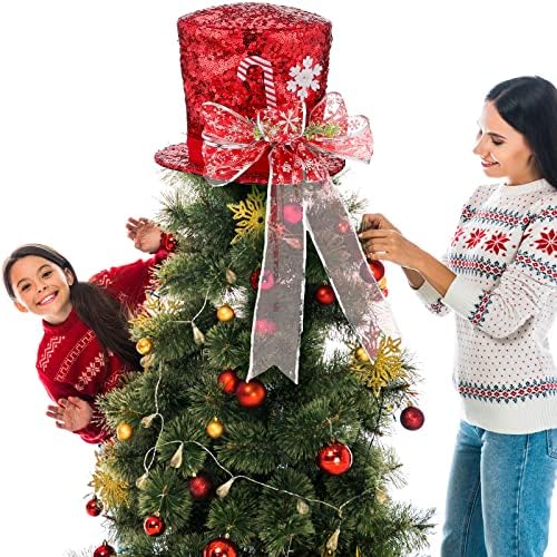Chapéu de canto do topper de árvore de Natal grande lantejoulas vermelhas chapéu de derby de veludo com brilho de arco decoração de árvore de Natal ornamentos para decoração de casa de férias