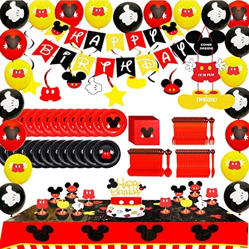 Mickey com temas de festas 198pcs decorações de festas de mouse, incluindo colheres, garfo, faca, pratos, toalhas de