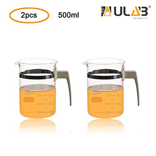 Ulab Scientific Glass Beakers, vol. 600ml, 3.3 Borossilicate Griffin Low Form com graduação impressa, pacote de 3, UBG1039