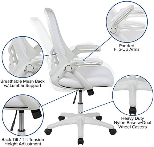 Flash Furniture High Back Branco Malha Branco Cadeira de escritório ergonômico com armação branca e braços de virar 26,5d x 26,5w