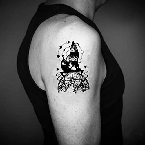 Lobo uivando no adesivo de tatuagem temporária da lua - Ohmytat