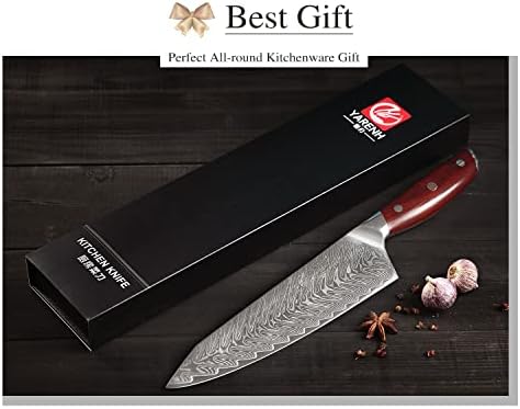 Faca Yarenh Chef, faca de cozinha profissional de 8 polegadas Gyutou, lâmina de aço inoxidável de Damasco, 67 camadas, alto carbono, tang completo, alça de sândalo africana, embalagem de caixa de presente, série KTF
