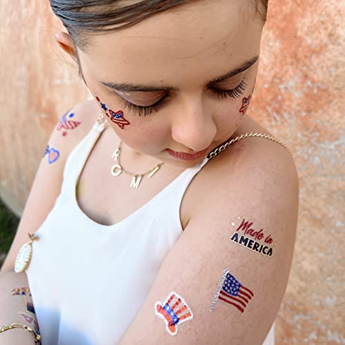 Quarto de julho, abrete tatuagens temporárias 80pcs glitter patriótico e estilos metalicos do Dia da Independência dos EUA, America azul vermelha, 4 de julho Favores de festas, decoração de bandeira dos EUA para crianças adultos