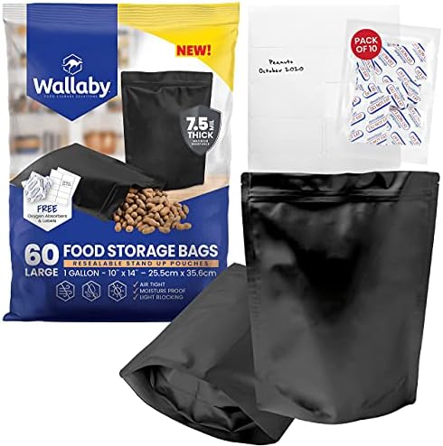60 Wallaby Mylar Bag Bundle - Bolsas de zíper de 1 galão - absorvedores de oxigênio, rótulos - zíper selvagem, vedação térmica, grau FDA, para armazenamento de alimentos a longo prazo
