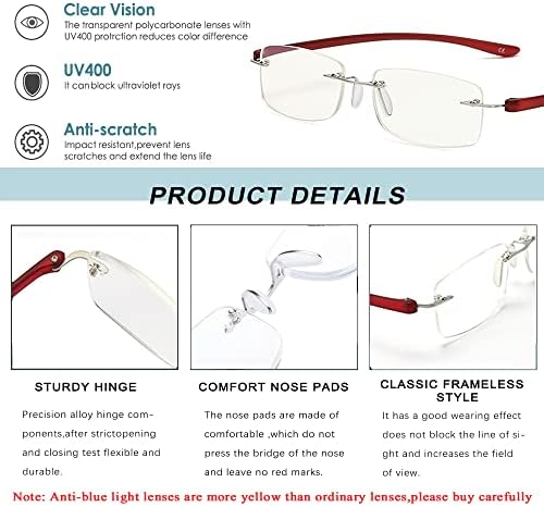 Hiyanjn Rimless Reading Glasses for Women TR90 Blue bloqueando óculos leves leitores de computador sem moldura