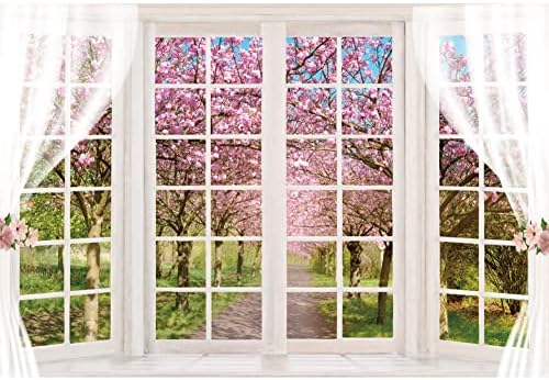 Dorcev 10x8ft cenário de janela de primavera cenário de cerejeira rosa Árvore da árvore da primavera paisagem natural Grampes