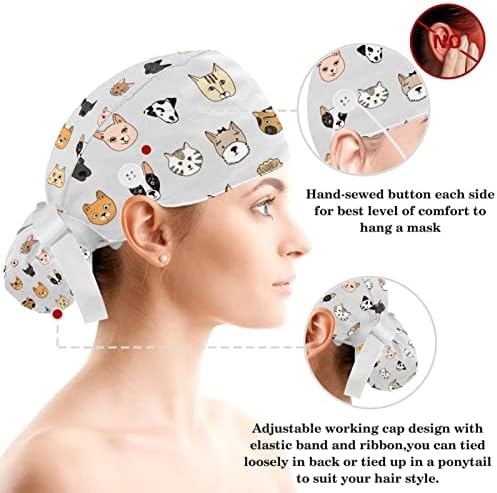 Chapéus de esfrega bouffante com botões Bandada de moletom e banda de cabelo Caps de bufante cirúrgico para mulheres, gatos e cães animais