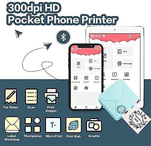 Phomemo M02S Mini Impressora Térmica Bluetooth Impressora com 3 Rolls Transparent Sticker Papel, compatível com iOS + Android para Plan Journal, Study Notes, Art Creation, Trabalho, Presente, Ciano