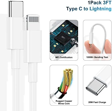 Deloni iPhone 12 13 Carregador [Certificado da Apple MFI], Bloco de Apple, parede rápida de 20w USB-C com Cabo USB para Lightning
