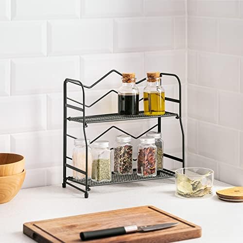 Navaris Spice Rack - Rack de temperos dobráveis ​​de 2 camadas gratuitos - prateleiras de organizador de balcão de metal preto para o quarto de banheiro da cozinha - design de zigue -zague