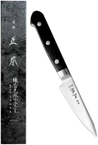 Masamoto na faca de paring japonesa 3.3 feita no Japão, cozinha pequena faca de utilidade para frutas e vegetais, lâmina de aço inoxidável japonesa nítida, alça de pakkawood com tang full, preto