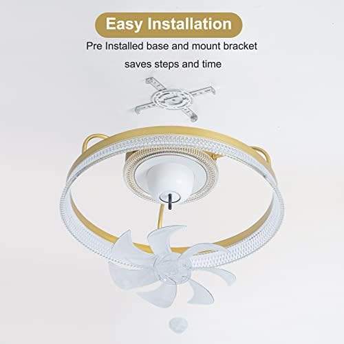 Ventilador de teto oscilante de 360 ​​° com um perfil baixo, controle remoto e de aplicativo, 6 velocidades, abajur de cristal de acrílico, cor de LED e brilho diminuído, cronômetro de 1/2h, ventilador de teto de montagem nivelada para quarto, ouro