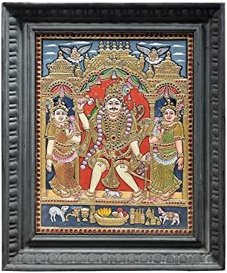 Índia exótica 15 x 18 Lord Bhairava Tanjore Pintura | Cores tradicionais com ouro 24K | Quadro de teakwood | Ouro