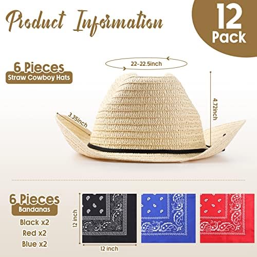 Unittype 6 set palha cowboy chapéus com bandanas cenar cowboy festas acessórios pacote clássico cowboy chapéu de traje e bandanas