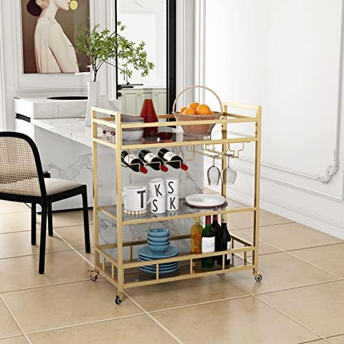Lormiter Bar Cart Gold com armazenamento de garrafas e copo de vinho, rolando carrinho de barra de barras sobre rodas carrinhos