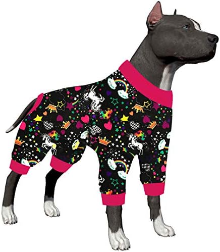 Pijama de cachorro grande de Lovinpet PJS: Cuidados com feridas/pós -cirurgia Roupas de cachorro, camisa de cachorro grande, estampa preta de ramo de ramo de unicórnio, lotes de malha elásticos leves, PJ's/PJ's/grande