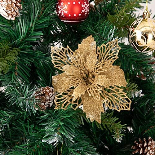 15 PCs Christmas Poinsettia Flowers, Flores artificiais de 6,3 polegadas Glitter Poinsettia Christmas Wreath Christmas