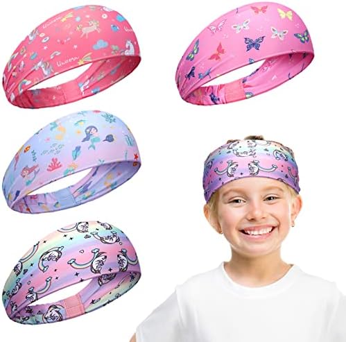 4 PCs Bandas de cabeça largas para meninas elásticas fofas elástica bandas de cabeça wicking esportes bandas de suor Unicorn Mermaid