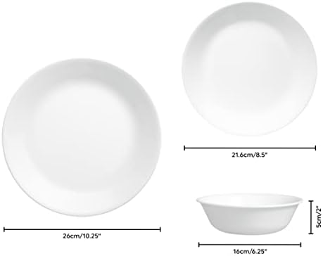 Conjunto de utensílios de Corelle -Dinner para 4 | 4 x pratos de jantar, pratos laterais e tigelas | 3 x mais durável, metade do espaço e peso da cerâmica | até 80% de vidro reciclado