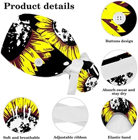 Caps médicos Baice de trabalho ajustável com botões e cabelos arco arco arco de girassol Butterfly You Are My Sunshine