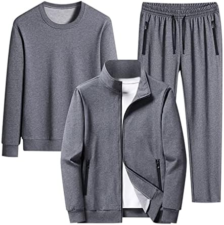 3pc Men's Sports Casual Casual Plus Tamanho Colar de colar de cor sólido Camas de jaqueta de manga comprida e conjunto
