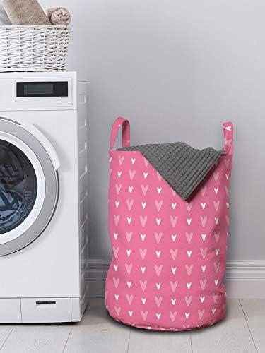 Bolsa de lavanderia de Valentine vintage de Ambesonne, padrão repetitivo com corações pequenos tenros, cesto de cesto com alças fechamento de cordão para lavanderia, 13 x 19, rosa rosa e branco