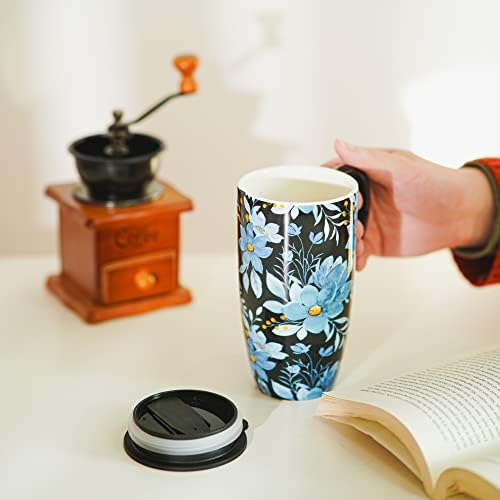 TopArorn Coffee Creamic Caneca Porcelana Late Cup com tampa 17oz, flor azul