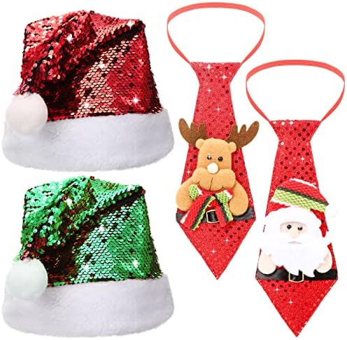 4 PCs Chapéus de Natal de Natal e amarrar o chapéu de lantejoulas brilhantes com tie de tie glitter santa chapéu de natal e santa boneco de neve lancho