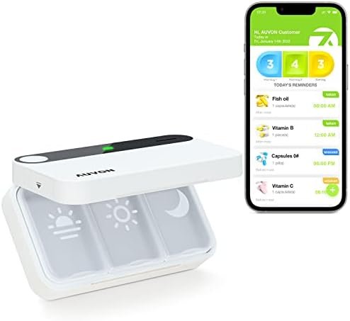 Auvon Bluetooth Smart Pill Box com notificação de alarme e telefone, organizador automático de comprimidos eletrônicos portátil