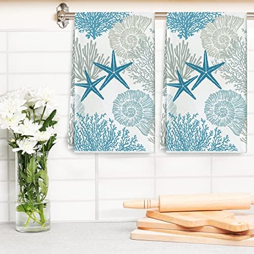 AnyDesign Ocean tema Cozinha de cozinha Toalha de praia A praia do mar de Coral Starfish Hand Towel Creature Tea Toalha para cozinhar