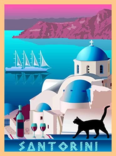 Uma fatia no tempo Santorini Grécia A Ilha Grega Isle Black Cat Retro Travel Home Home Collectible Wall Decor Anúncio Art Poster Print.