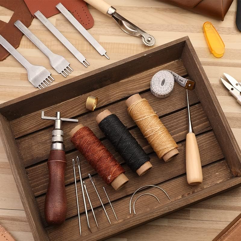 Kit de costura de couro lmdz com agulhas de costura de rosca encerada perfuração de punção drilling awl de couro ferramentas