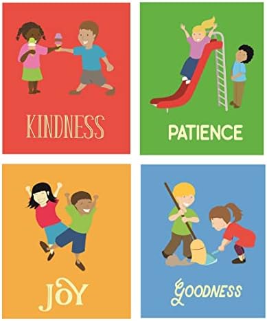 Conjunto de pôsteres motivacionais infantis - bondade, paciência, alegria e bondade - 8 1/2 x 11 Cada -Décor infantil pôsteres motivacionais