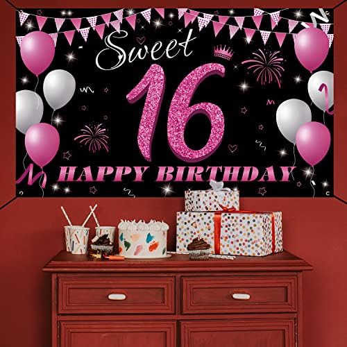Decorações de aniversário de 16 anos Banner de pano de fundo, Sweet Sixteen Decorações para Meninas, Aderetes de Booth Photo de