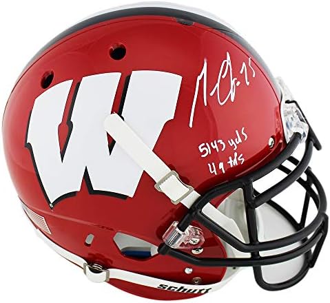 Melvin Gordon autografou/assinado Wisconsin Badgers Schutt Authentic Red & Black NCAA Capacete com Inscrição de Estatísticas