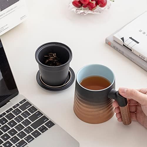 Zens Cup com infusador e tampa, 13,5 onças gradiente em relevo caneca de chá solta, alça de pau -rosa de cerâmica caneca