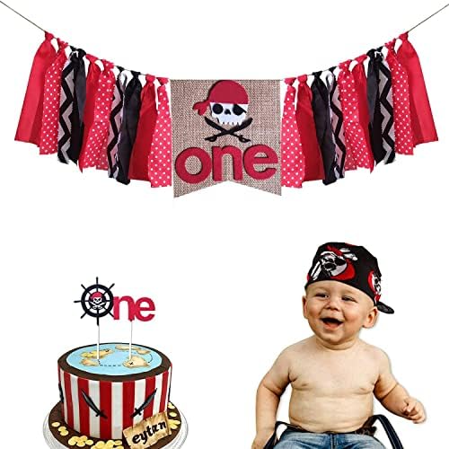 Pirata Primeiro aniversário Decorações, Pirate One Highchair Banner, Lenço de pirata com pirata Bolo Topper para menino de