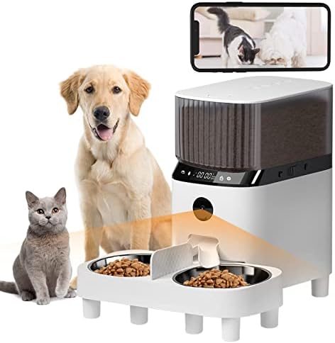 Alimentador de gatos automáticos de nilezpet com câmera, alimentador de estimação 5L com vídeo de 1080p HD para 2 gatos e cães, dispensador de alimentos para cães automático com controle de porção, alarmes de distribuição e gravador de voz até 6 refeições por dia