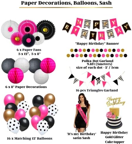 Decorações de aniversário para mulheres e garotas, decorações de festas pretas e rosa, dourado quente e rosa preto branco