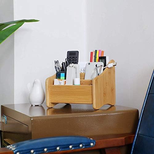 Prizom Wood Desk Organizer Bamboo Remote Control Holder Container de armazenamento com 3 compartimentos para o escritório de óculos de telefone para caneta