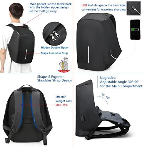 Mochila comercial anti-roubo com porta de carregamento USB/mochila leve laptop/resistente à água para homens e mulheres-preto