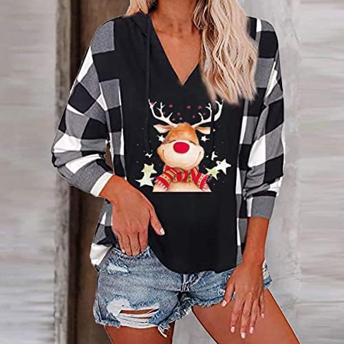 Blusa xadrez de Natal Mulheres de manga longa feminina de manga longa Capuz Tops Tops Raglan Shirts Tunic Pullover