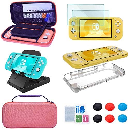 Kit de acessórios para Nintendo Switch Lite - pacote de acessórios Yoowa com estojo de transporte, estojo de cobertura protetora, protetor de tela de vidro temperado com 2 pacote, suporte de reprodução ajustável, 6 garras de polegar