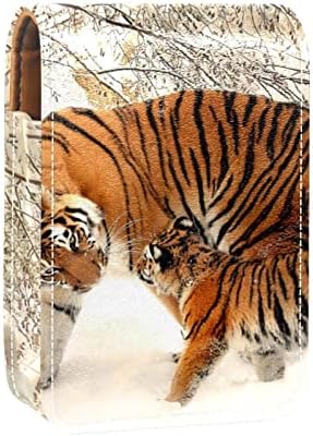 Belo tigre andando na estojo de batom de maquiagem do solo coberto de neve com espelho para bolsa cosmética do suporte de batom de bolsa cosmética