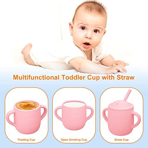 Rhswets Silicone Training Cups para bebês com tampa de palha, xícaras de canudinguez da criança à prova de derramamento,