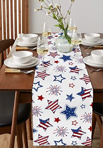 Independence Day Table Runner Dresser Sconhe, azul Red White Star e Stripe Surlap Table Settings Decor, Uso Bandle Table Runners Sconst for Kitchen Family Holiday Holiday Party Casamento 13x120in