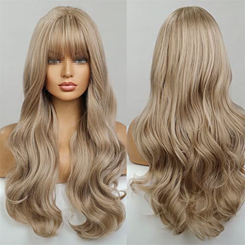 Azedssw Synthetic Long Blonde Wavy Wavy para mulheres cabelos macios e leves gornda com franja resistente a fibra de fibra de calor peruca