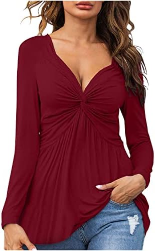 Tops de outono ruched para mulheres de manga comprida pescoço de coração baixo corto sexy camisa de algodão nó dianteiro