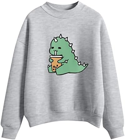 Womens fofo bebida Dinosaur Sweetshirts Casual Crewneck de manga longa Tops Tops Cartoon Raglan camiseta camiseta