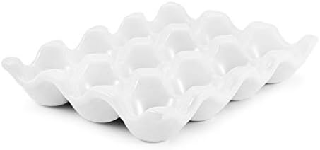 Flexzion Cerâmica 12 xícaras de bandeja de ovo - dúzia de porcelana de porcelana o ovo de ovo de contêiner organizador de armazenamento de armazenamento Decorativo Stand Servware para a geladeira